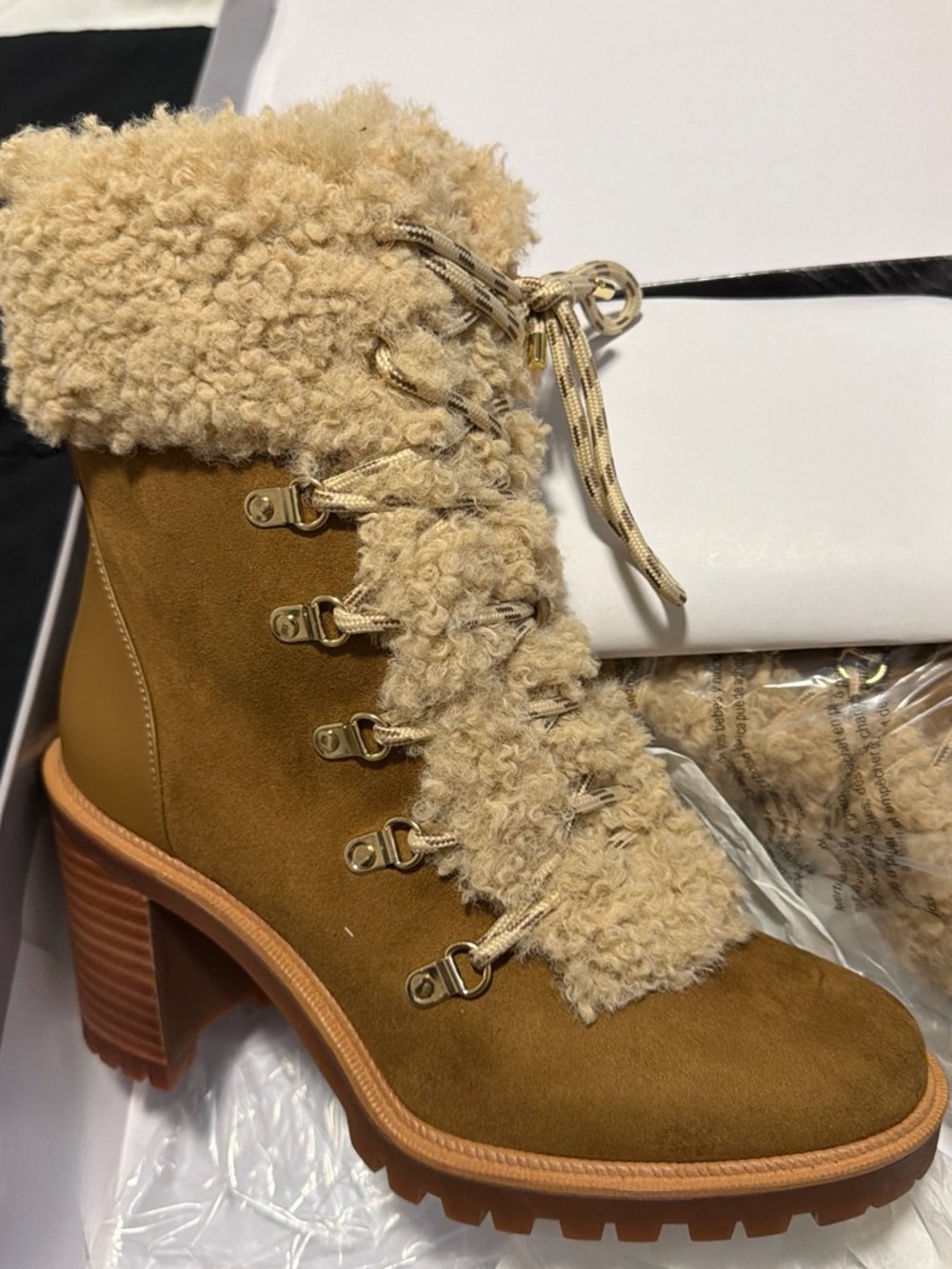 Jennifer Lopez Tan Suede Lace-Up Block Heel Shearling Boot